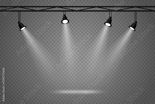 Stage lighting, white spotlights, beautiful lighting. On a transparent background.