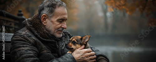 A senior man gently cradles a small, adorable puppy on a park bench.  Autumnal colors blur in the background, creating a serene and heartwarming scene.