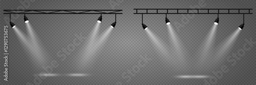 Set of light spotlights, stage and podium effect. On a transparent background.