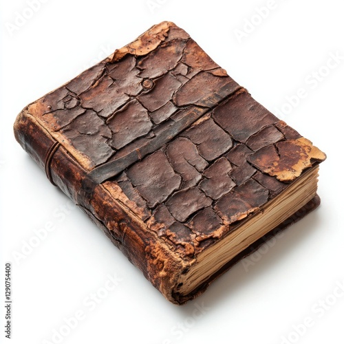 Detailed and sharp image of a treasure hunters journal on a white background, ready for use in presentations, websites, and print materials, with weathered pages full of notes