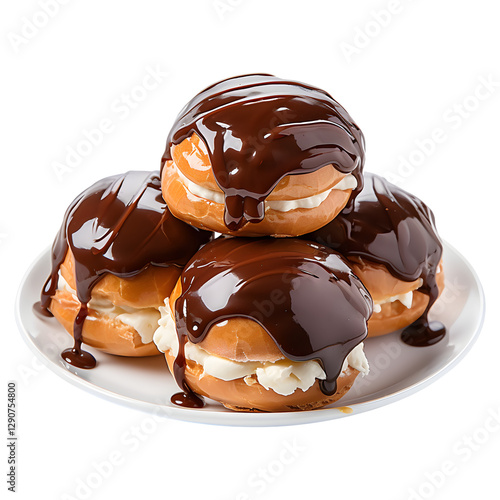 French profiteroles with chocolate glaze on a white plate isolated on transparent background photo