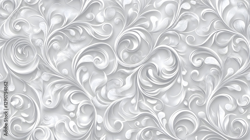 Light gray background with white swirls and floral patterns
