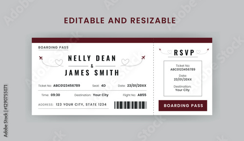 Boarding Pass Invitation For Airplane and Boat, Cruise Boarding Pass Design Template. Minimalist  Airline Ticket and Wedding Invitation.