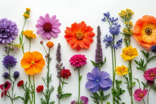 Colorful Array of Fresh Flowers Arranged on a Light Background Showcasing Spr...
