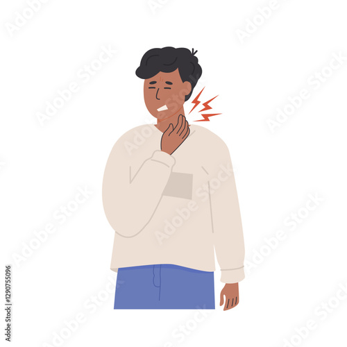 Unwell teenage boy experiencing throat pain and touching his neck with a pained expression. Young Man has a cold and has a sore throat. Flat Style Vector Illustration isolated on white background.