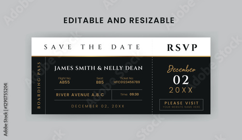 Boarding Pass Invitation For Airplane and Boat, Cruise Boarding Pass Design Template. Minimalist  Airline Ticket and Wedding Invitation.