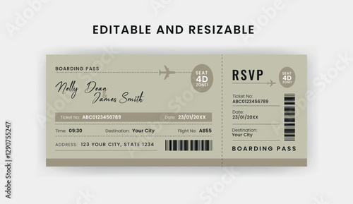 Boarding Pass Invitation For Airplane and Boat, Cruise Boarding Pass Design Template. Minimalist  Airline Ticket and Wedding Invitation.