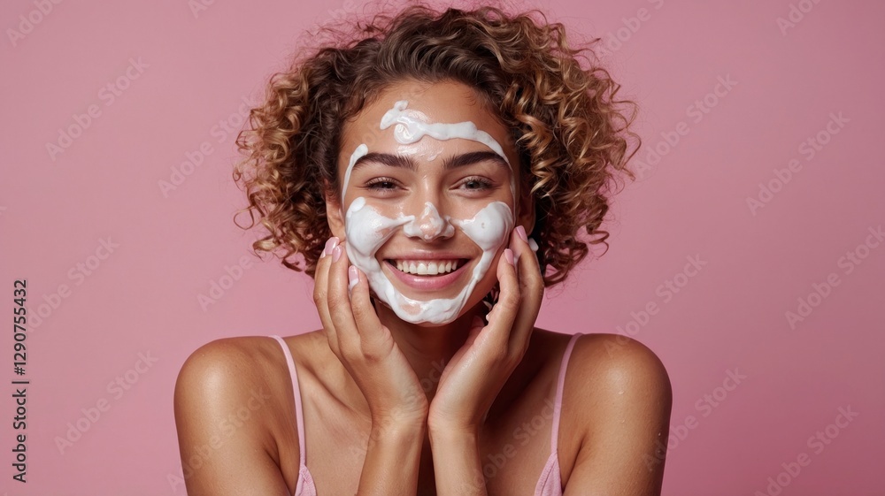 Fototapeta premium Happy Woman Applying Facial Mask Skincare Routine