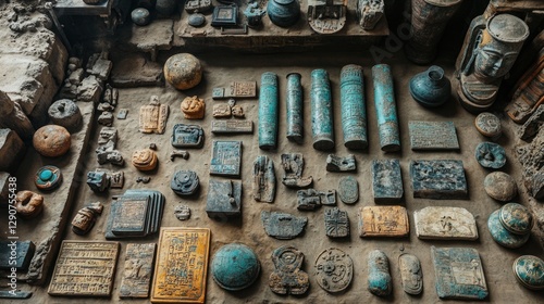Ancient artifacts displayed in dusty workshop, showcasing turquoise relics; archaeological research