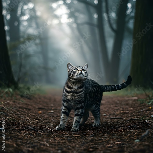 Curious Tabby Cat Stretching Neck Up Side - Extracted on white background photo