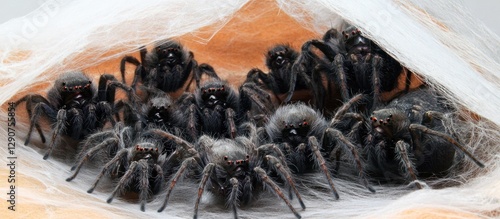 Many spiders in a web, closeup. Halloween background. Nature, wildlife