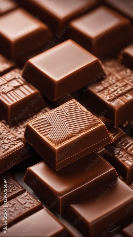 Milk chocolate squares with smooth and textured surfaces stacked together. Sweet confectionery background, dessert and gourmet concept Milk chocolate squares with smooth and textured surfaces stacked together. Sweet confectionery background, dessert and gourmet concept