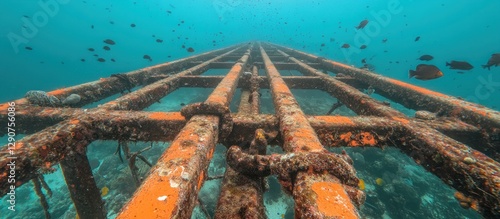 Underwater coral reef restoration; metal structure, ocean, fish