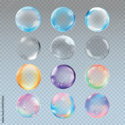 Colorful bubbles set with transparent backgrounds. Glossy bubbles in blue, clear, orange, purple, and rainbow. Perfect for designs needing bubbles and transparency. Soap bubble element vector set.