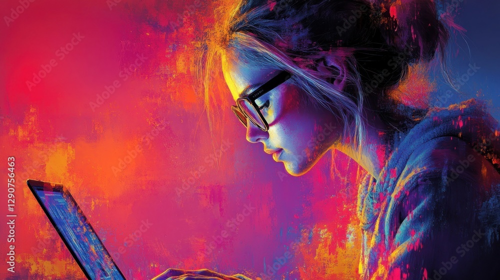 Fototapeta premium Woman using laptop, vibrant background, digital art, tech innovation
