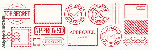 Red rubber stamps with text: 'Top Secret', 'Approved', 'Rejected', 'Post Office'. Various stamp designs, including circular and rectangular shapes. Red stamps, vector set.
