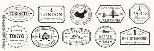 Vintage travel stamps featuring cities like Tokyo, London, and Paris. Travel-themed stamps for Tokyo, London, Paris, and more. Ideal for travel enthusiasts. Black travel stamps, vector set.