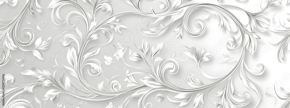 Fototapeta premium Light gray background with white swirls and floral patterns 