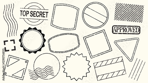 Collection of various stamp designs, including 'Top Secret' and 'Approved' stamps. Features circles, squares, and triangles in diverse patterns. Black blank stamps, vector set.
