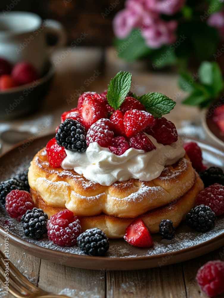 Delicious berry topped pancakes with cream and mint Delicious berry topped pancakes with cream and mint