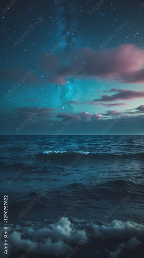 Fototapeta premium Breathtaking image of ocean waves on the beach at night with a dark sky filled with stars and nebula in the distance ocean wallpaper inspiration