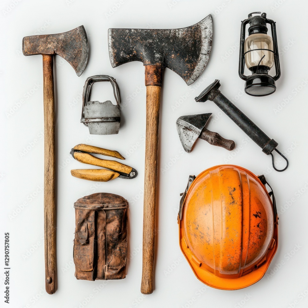 Flat lay of coal miners essential tools, neatly arranged on a white surface, emphasizing simplicity and elegance white background, featuring pickaxes, helmets, and lanterns.