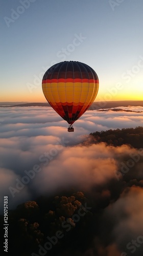 Hot Air Balloon Soaring Above Clouds at Sunrise With Vibrant Colors