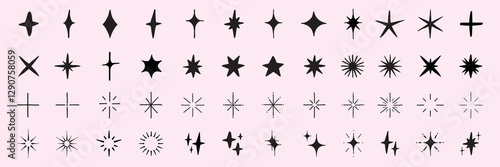 A collection of star icons in various shapes and sizes. Star icons are displayed in black on a light background. Diverse star shapes create a unique pattern. Element vector set.