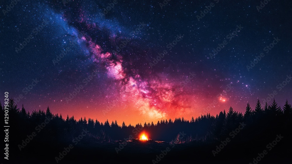 Fototapeta premium Campfire Milky Way Night Forest Landscape