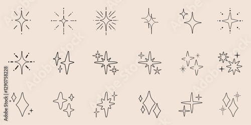 Minimalist star icons set. Various star shapes, star designs, and star patterns. Simple star outlines for decoration. Star icons for creative projects. Element vector set.