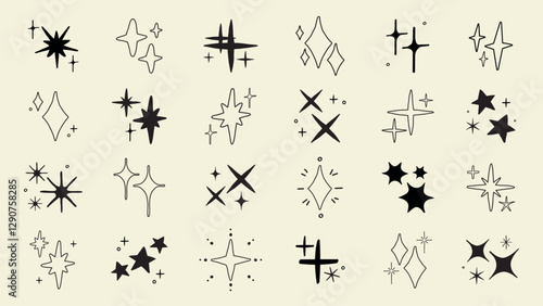 A collection of 24 black star and sparkle icons on a beige background. Various star shapes and sparkles. Simple star and sparkle designs for decoration. Element vector set.
