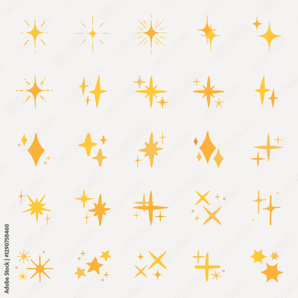 Set of 25 yellow star icons, each unique with different shapes and sizes. Yellow stars, varied star shapes, and unique star designs for creative projects. Element vector set. Set of 25 yellow star icons, each unique with different shapes and sizes. Yellow stars, varied star shapes, and unique star designs for creative projects. Element vector set.