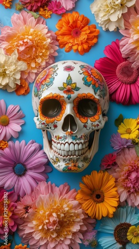 Colorful Sugar Skull Adorned With Vibrant Flowers on a Bright Blue Background