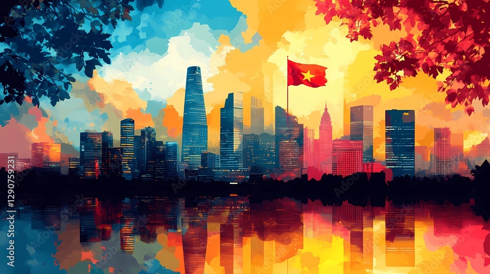Fototapeta premium Vietnamese flag waving in the wind, showcasing the iconic red background with a yellow star, symbolizing national pride and unity, book illustration style