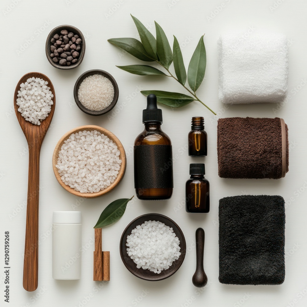 Flat lay of hot spring relaxation products, neatly arranged on a white surface, emphasizing simplicity and elegance white background, featuring essential oils and mineral-infused bath salts Flat lay of hot spring relaxation products, neatly arranged on a white surface, emphasizing simplicity and elegance white background, featuring essential oils and mineral-infused bath salts