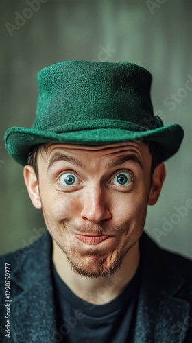 Joyful Young Man With Curly Hair and Green Hat Expressing Playfulness in Fron...