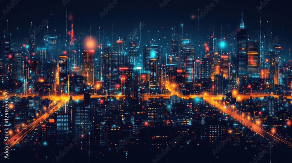 custom made wallpaper toronto digitalFuturistic city skyline at night, glowing data streams, website banner