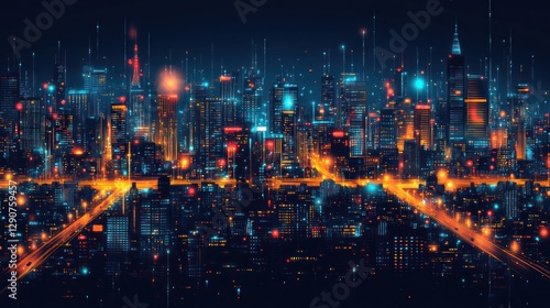 Wallpaper Mural Futuristic city skyline at night, glowing data streams, website banner Torontodigital.ca