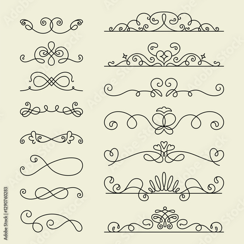 Vector set. Elegant decorative flourishes and swirls in a variety of styles. Swirls and flourishes for ornate designs. Perfect for decorative and elegant projects. Hand drawn ornament vector set.