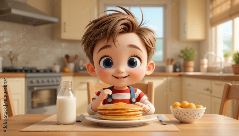 Adorable Cartoon Child Enjoying Breakfast in a Cozy Kitchen with Pancakes and Juice Adorable Cartoon Child Enjoying Breakfast in a Cozy Kitchen with Pancakes and Juice