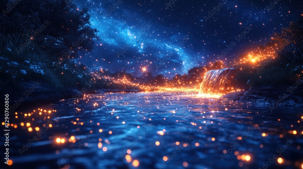 Naklejka premium Sparkling river, fireflies, waterfall at night, starry sky. Possible use wallpaper, desktop background