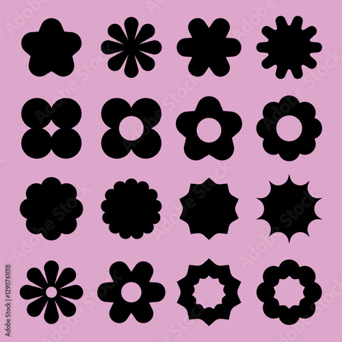 Silhouette icons of various floral shapes on a pink background. Floral shapes in black. Variety of floral icons in silhouette form. Black shapes, vector element set.