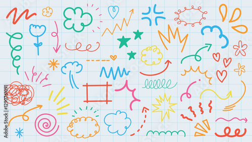 Colorful doodles on grid paper. Arrows, stars, clouds, and squiggles. Vibrant doodles, playful shapes, creative doodles, lively colors, dynamic lines. Colorful doodle elements, vector set.