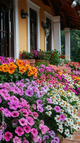 Vibrant Flower Garden Blooms in Colorful Display on a Sunny Day Outside a Cha...