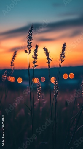 Grass Silhouettes Against a Colorful Sunset With Blurred Bokeh Lights in the ...