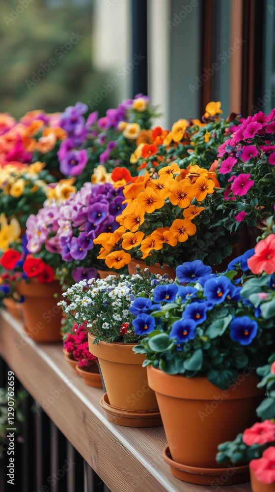 Fototapeta premium Bright and Colorful Flower Pots Decorate a Balcony in Spring