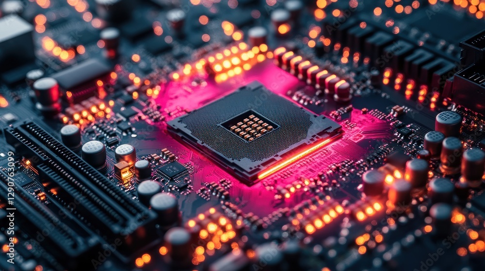 High-tech CPU on motherboard, glowing components, circuit board close-up High-tech CPU on motherboard, glowing components, circuit board close-up