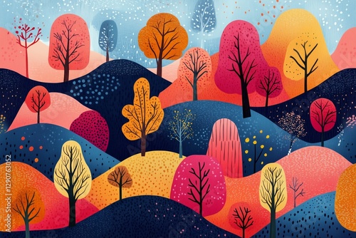 Vibrant Abstract Landscape Featuring Colorful Trees and Rolling Hills in a Wh...