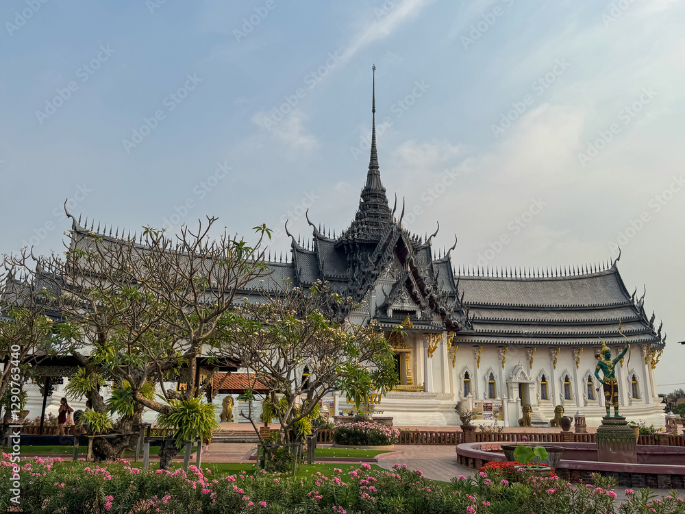 Visitors admire the stunning architectural details of a Thai temple Visitors admire the stunning architectural details of a Thai temple