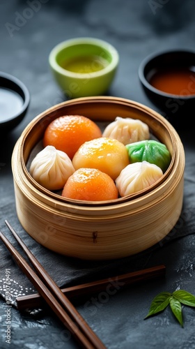 Colorful assortment of dim sum dumplings served in a bamboo steamer with authentic Chinese tableware on a dark background